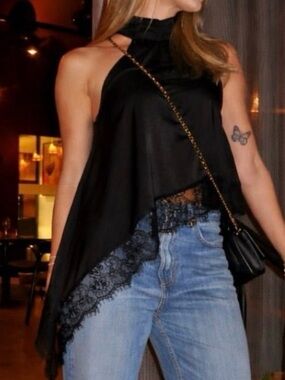 Brazilian Boutique Asymmetrical Lace Halter Top - Black - M